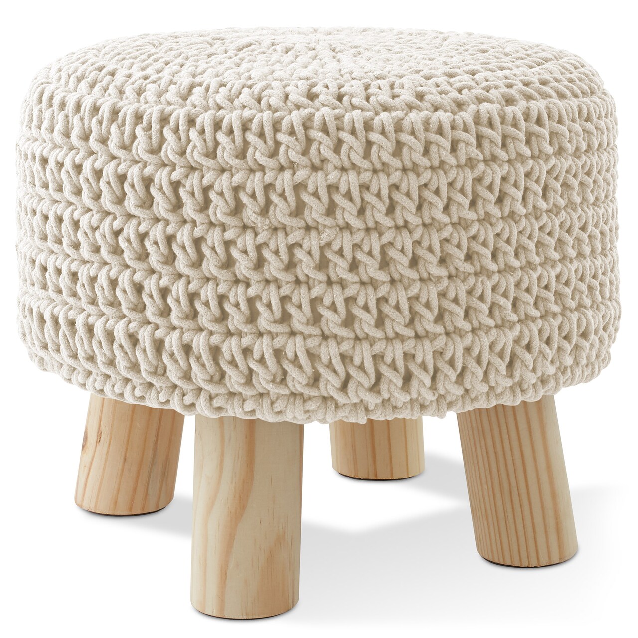 Pouf Ottoman Footstool, 13" Round x 11" High, Hand-Knitted Cotton Footrest, Non-Skid Wood Legs, Boho Foot Stool for Living Room, Bedroom